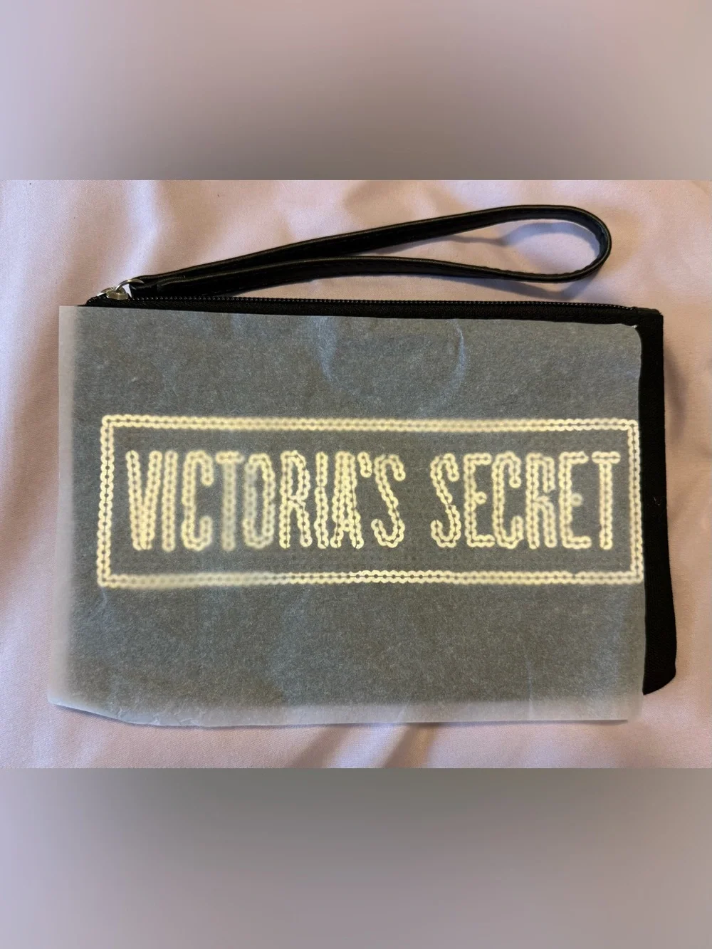 NWT Victoria's Secret Black Cosmetic Bag/Beach Pouch with Silver Sequin Logo